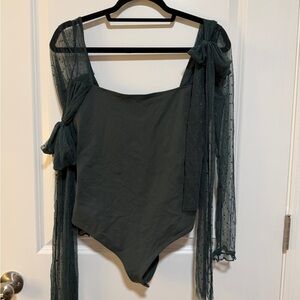 Elegant Dark Green Bodysuit with Sheer Sleeves
